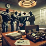 DALL·E 2024-12-19 19.12.30 - A conceptual and realistic illustration of a corruption arrest scene in an office. The scene shows a formal office environment with large wooden furni