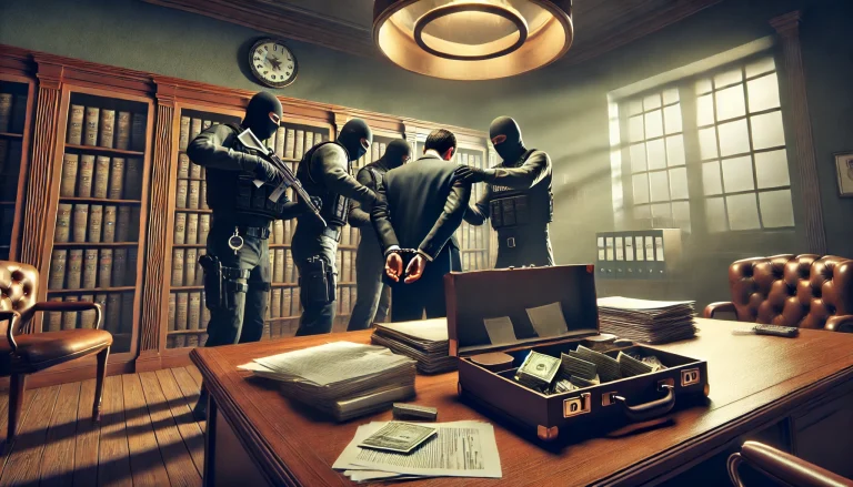 DALL·E 2024-12-19 19.12.30 - A conceptual and realistic illustration of a corruption arrest scene in an office. The scene shows a formal office environment with large wooden furni
