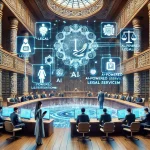 DALL·E 2025-02-13 12.58.13 - A modern digital justice system concept in Kazakhstan. The image features a futuristic courtroom with digital screens displaying legal information, AI