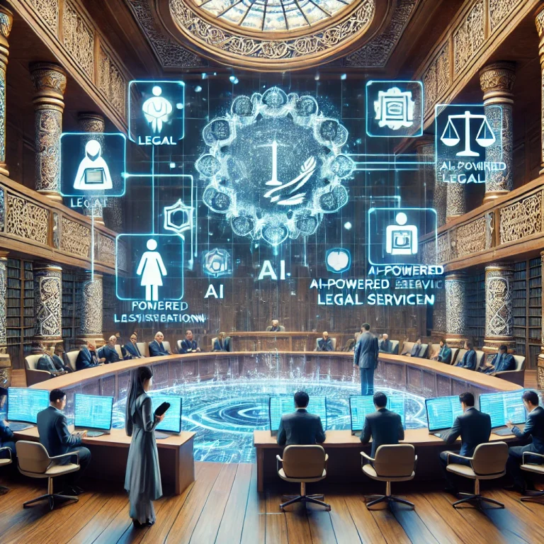 DALL·E 2025-02-13 12.58.13 - A modern digital justice system concept in Kazakhstan. The image features a futuristic courtroom with digital screens displaying legal information, AI