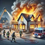 DALL·E 2025-02-14 18.56.01 - A realistic illustration of a household fire emergency scene. The image should depict a burning house with smoke, people evacuating, a firefighter usi